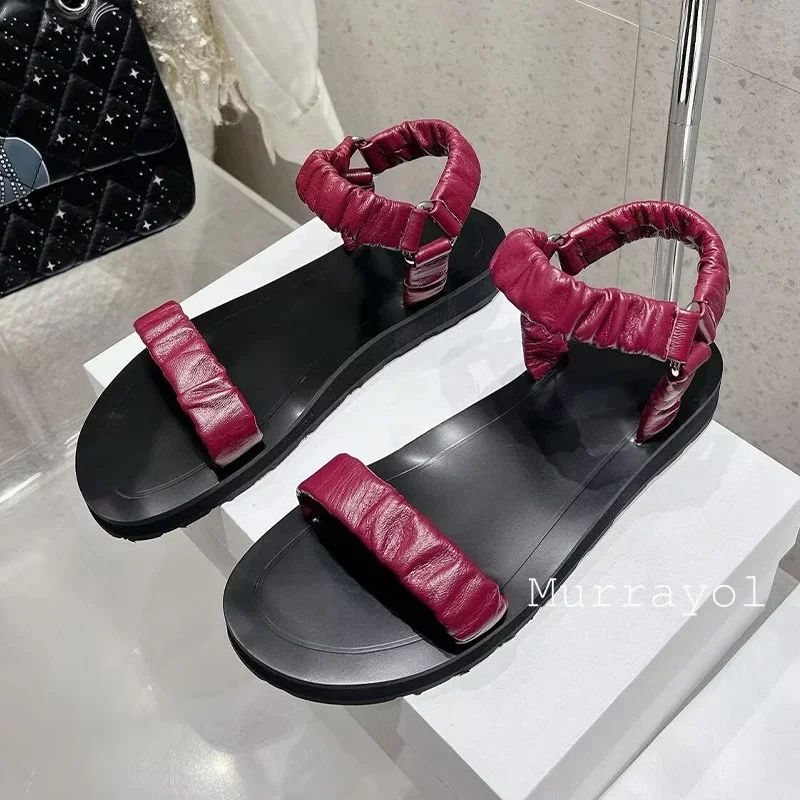 여성용 천연 가죽 원 스트랩 플랫 바텀 샌들, 주름 디자인 백 스트랩 샌들, 여름 오픈 토 비치 슈즈, 글래디에이터