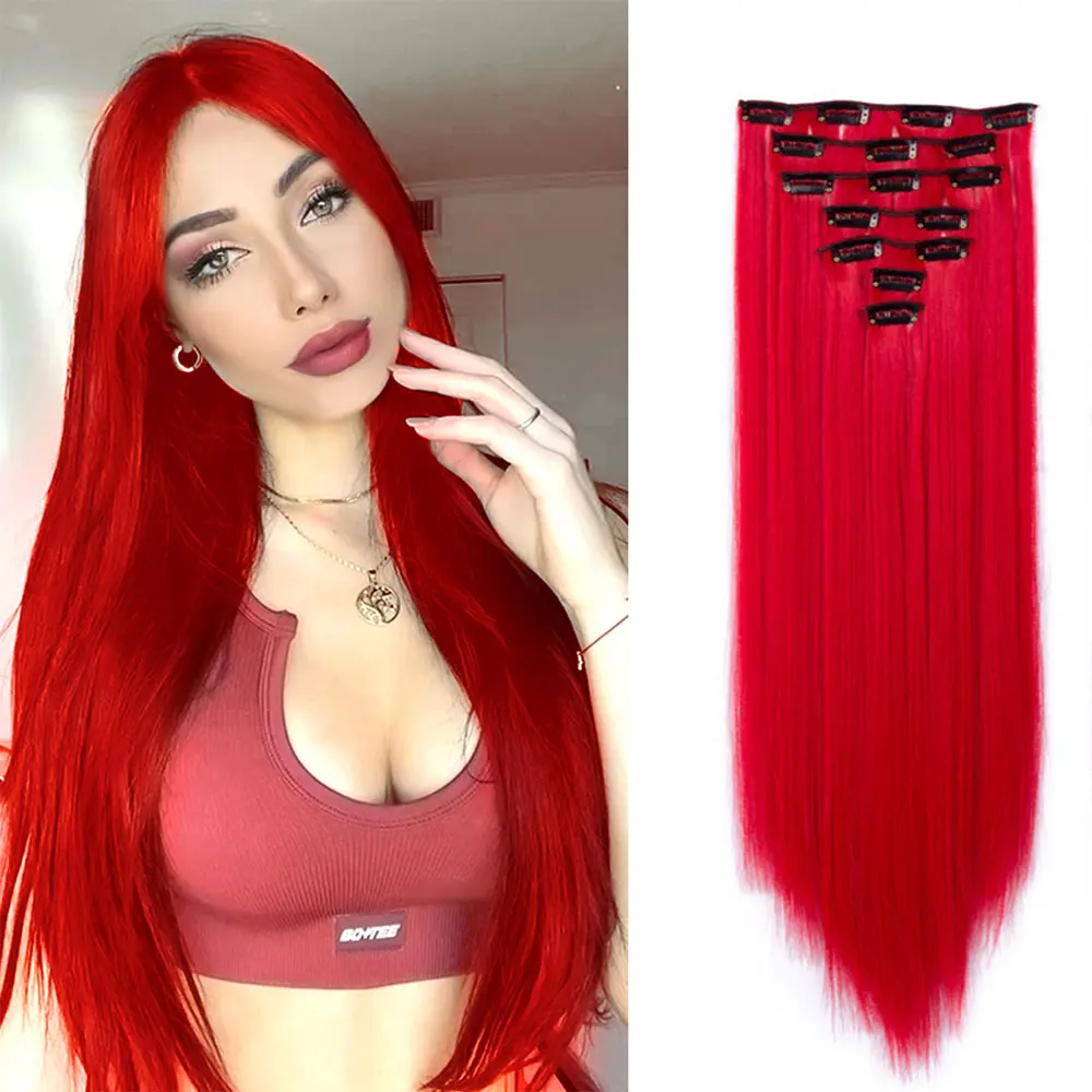 Extensions de Cheveux Synthétiques Longs et Lisses, Postiches Blondes Noires, Degré de Chaleur, Faux Cheveux, 16 Clips, 22 Pouces