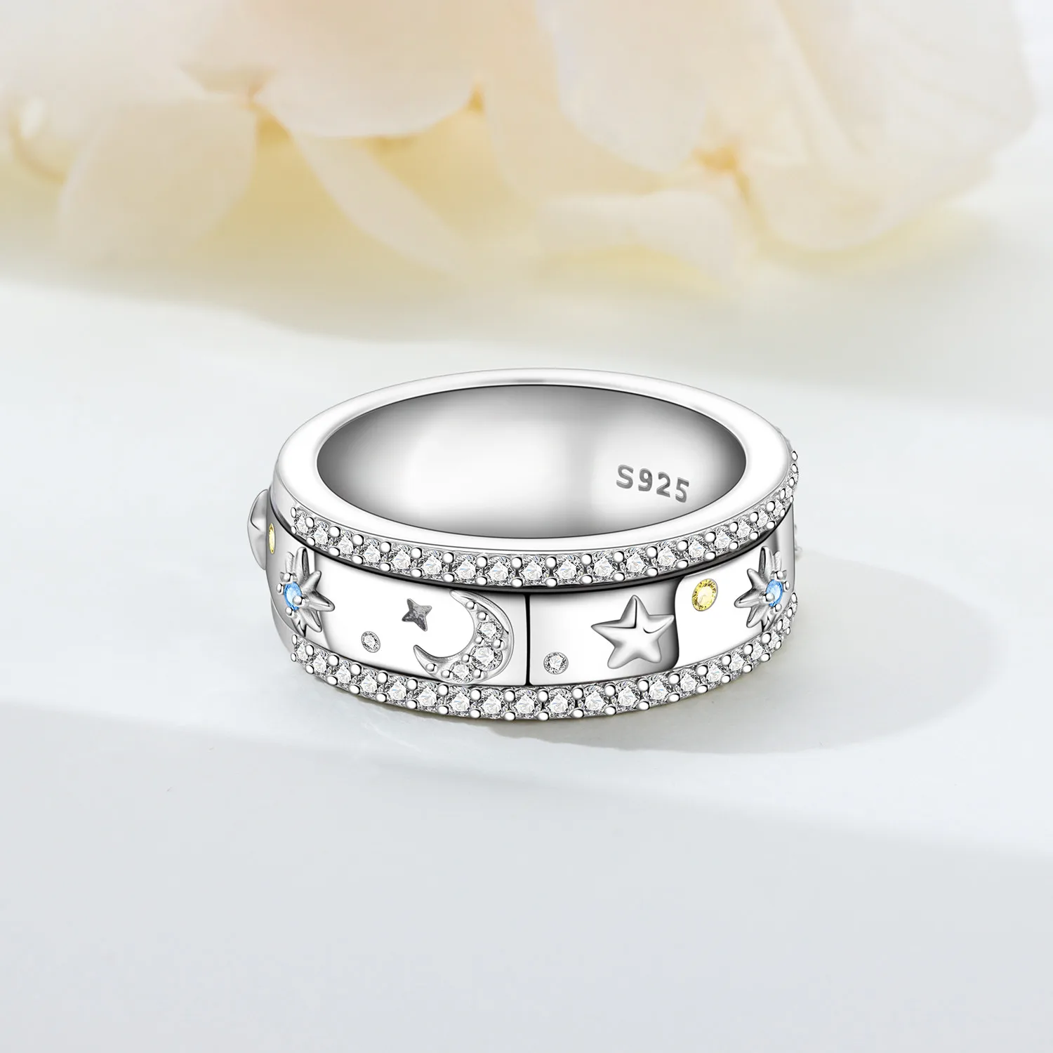 Cycuff S925 Sterling Silver Rotating Star Moon Closed Ring For Women Finger Ring Personality Jewelry Party Trendy Gifts