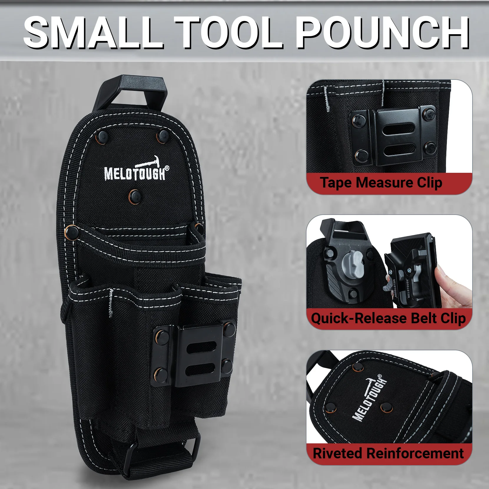 7-Pocket Black Tool Pouch, 600D Polyester Clip-On Utility Organizer with Quick Release Belt Clip & Tape Measure Holder