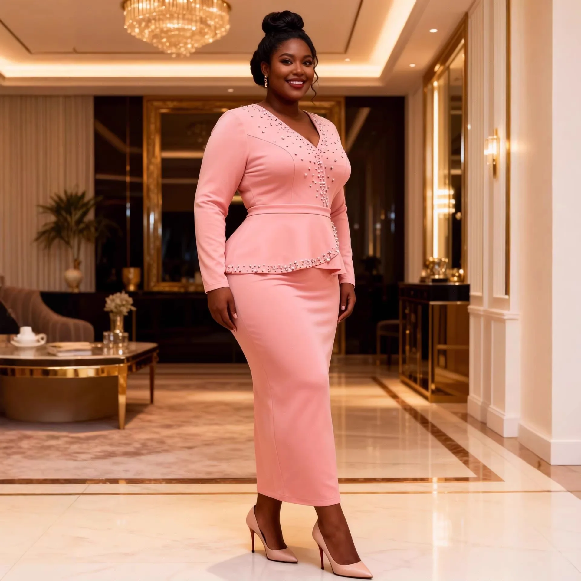 Abito Maxi Elegante da Donna Plus Size Rosa con Peplum, Scollo a V, Strass e Maniche Lunghe, Vestito Aderente per Feste Africane