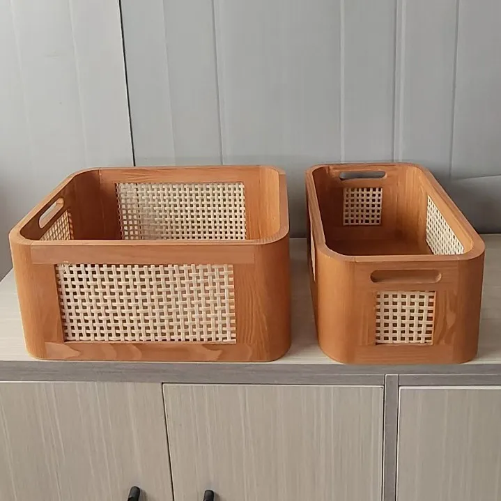 Nouvelle boîte de rangement tissée en bambou et bois à coins arrondis, panier St Orage en bois massif, boîte de rangement pour cosmétiques et articles de toilette à domicile.