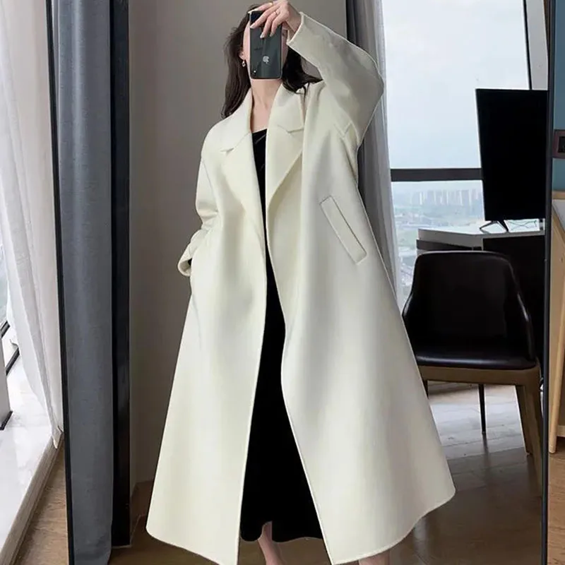 

New Women Elegant Wool Coat Long Outerwear Spring Autumn Cardigan Woolen Overcoat Thicken Female Casual Trench Coats Off-White