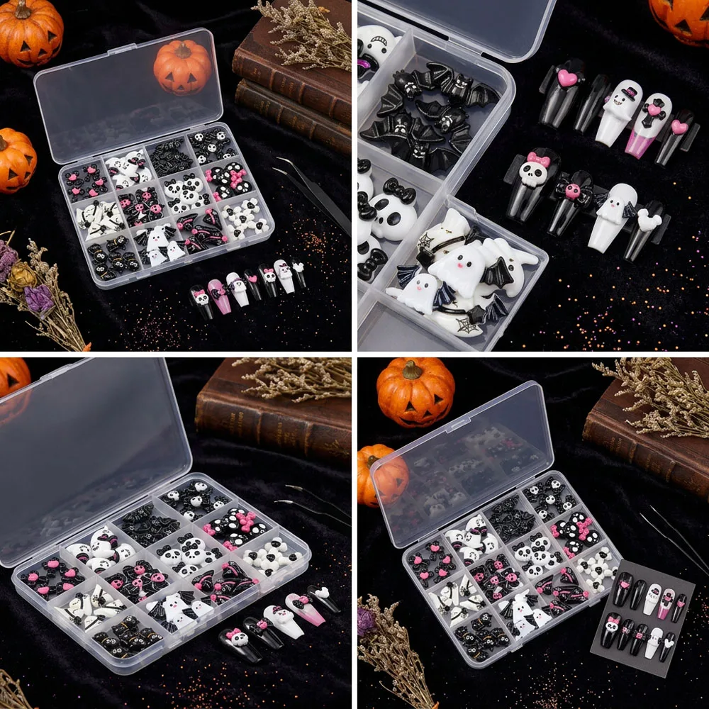 12er-Set 3D Schwarz-Weiß Halloween Nagel-Charms: Niedliche Totenkopf-/Geister-/Kreuz-/Katzen-/Kürbis-/Fledermaus-Nagelsteine aus Harz mit flacher Rückseite zur Nageldekoration – Detail 8