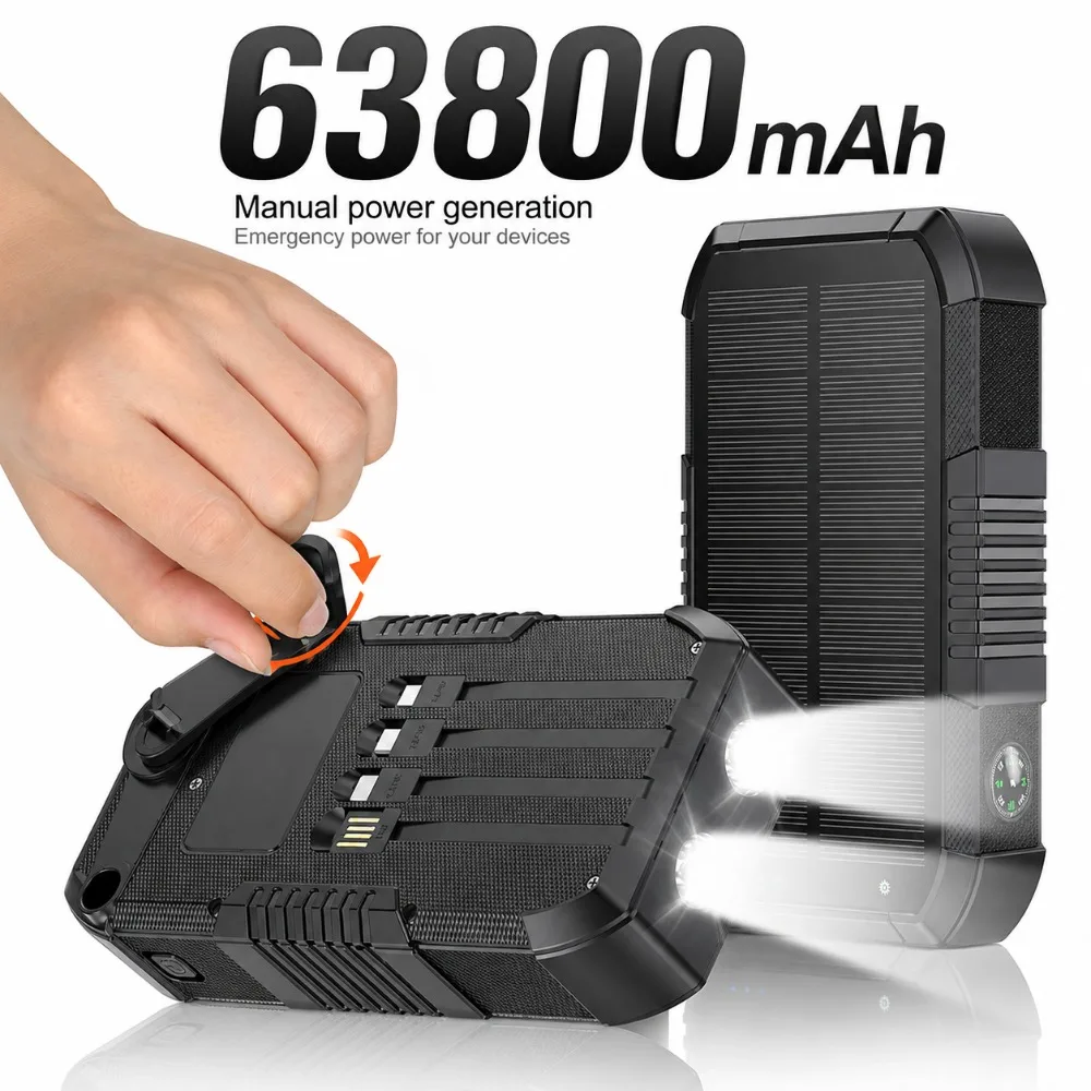 63800mAh Large Capacity Hand Crank Solar Power Bank Rechargeable Lithium Battery Outdoor Camping Portable Power Supply for Phone