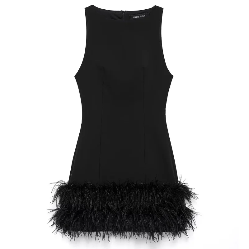 TRAF Womens Dresses Feather Black Dresses Women Sleeveless Short Dresses Female Solid Slim Spandex Sexy Dress Christmas Vestidos