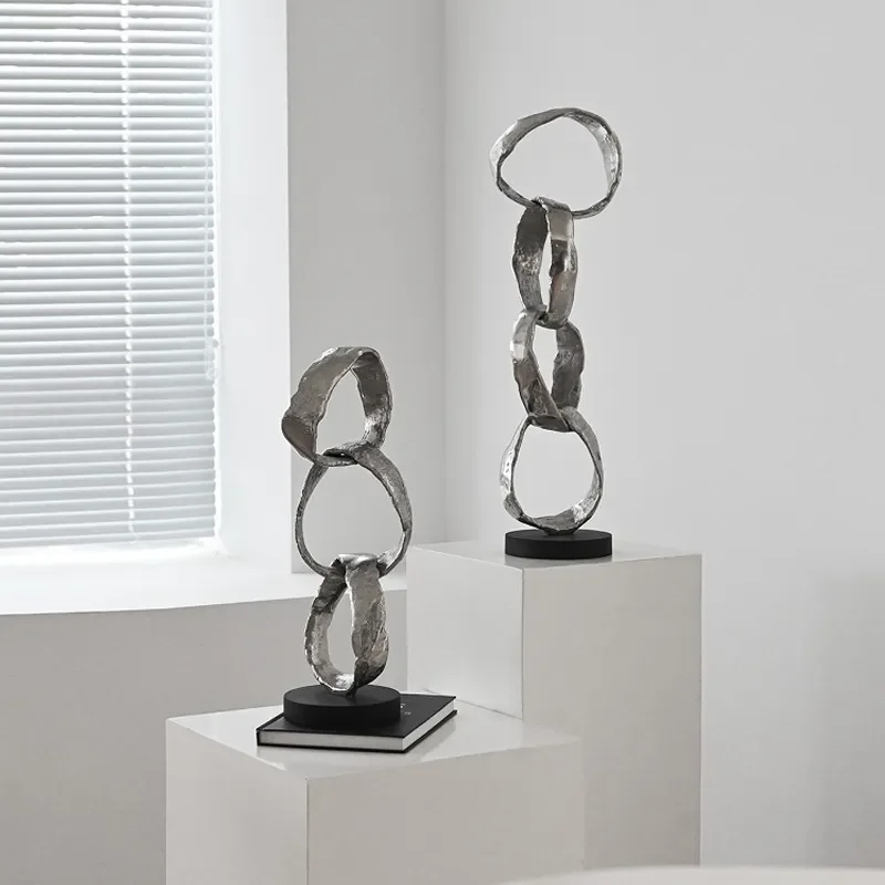 Modern Abstract Silver Ring Sculpture Creative Light Luxury Home Decor Ornament for Living Room Hotel Desktop Display Model