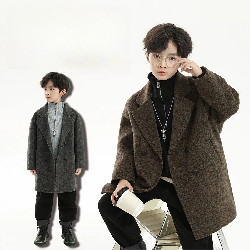 

Premium Boys Wool Trench Coat 2026, Big Kids Thickened Long Jacket Winter Outerwear with Belt New Arrival