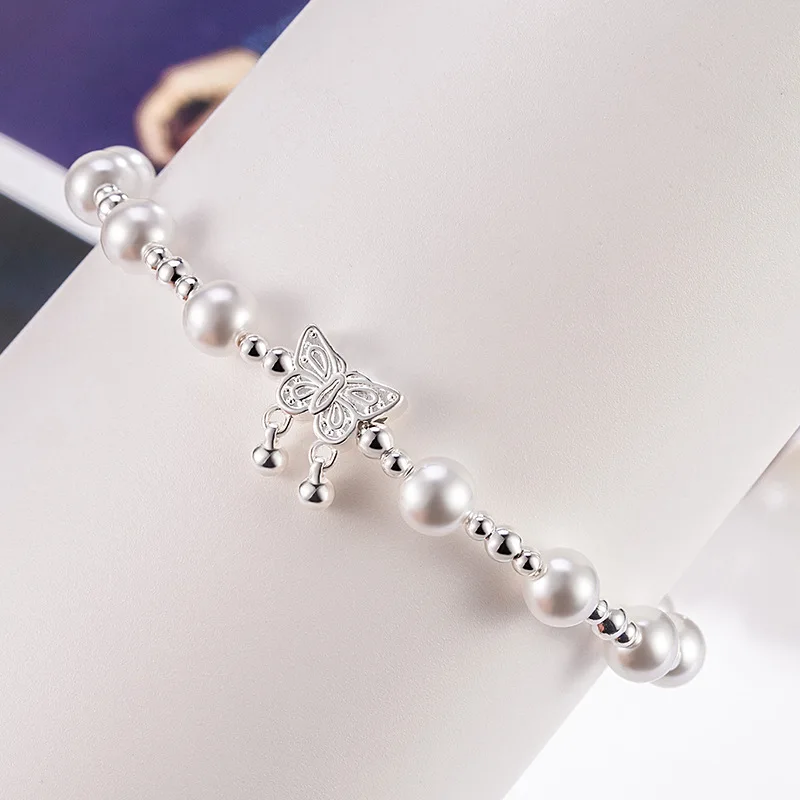 Sweet Romance Butterfly Round Bead Pearl Bracelet Exquisite Summer Fashion Jewelry Versatile Adjustable 925 Silver Bracelets