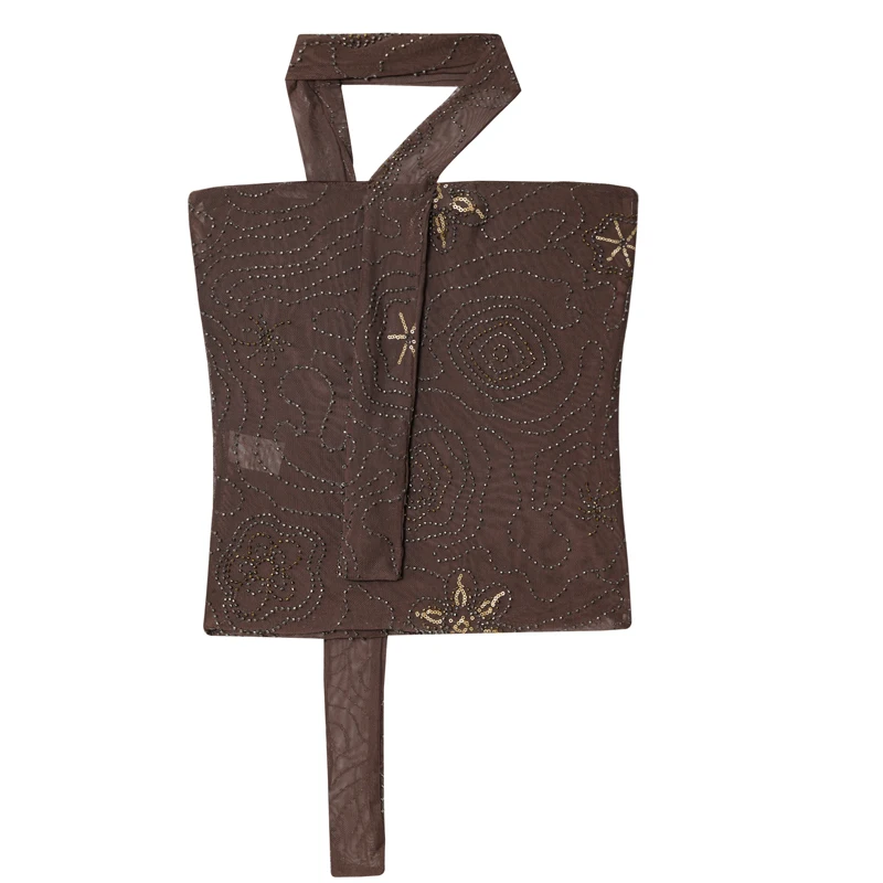 Canottiere e canottiere con corsetto da donna con perline Nuovo top a tubo corto con paillettes Top estivo senza maniche con schiena aperta 2025 Gilet stile street marrone