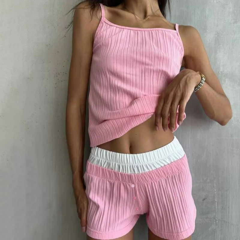 European and American Amazon Pink Striped Cardigan Pajamas Two-piece Casual Loose Long-sleeved Shorts Loungewear Suit Women