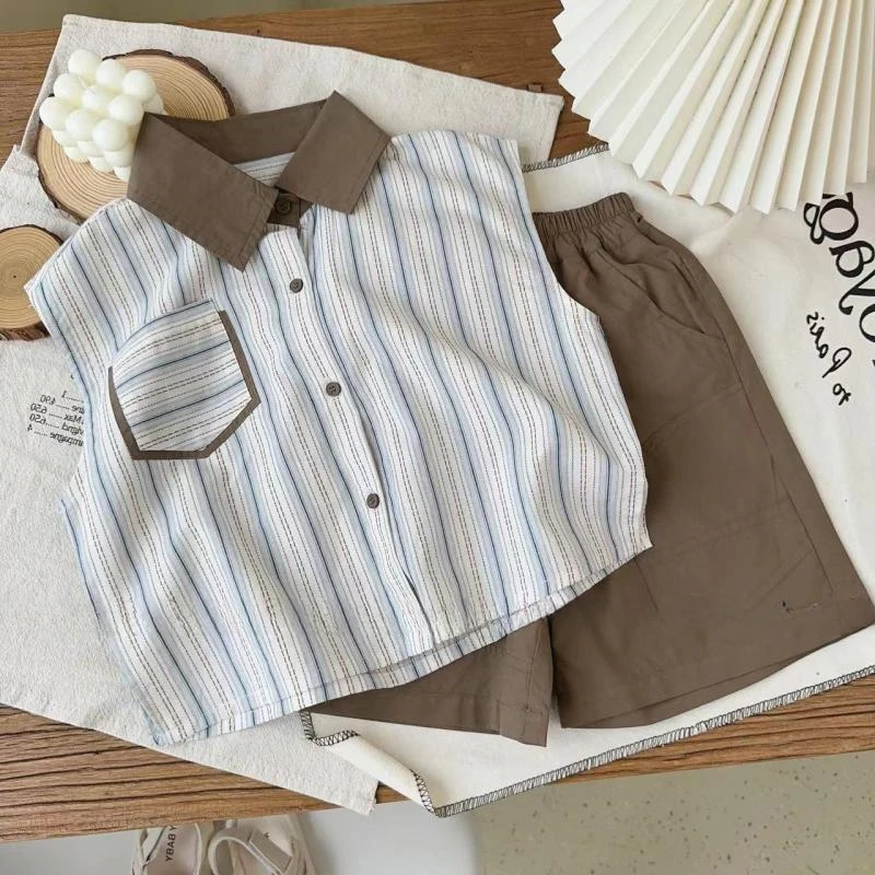

Boys Striped Shirt Summer Suit New Handsome Children's Sleeveless Shirt Casual Shorts Two-piece Set