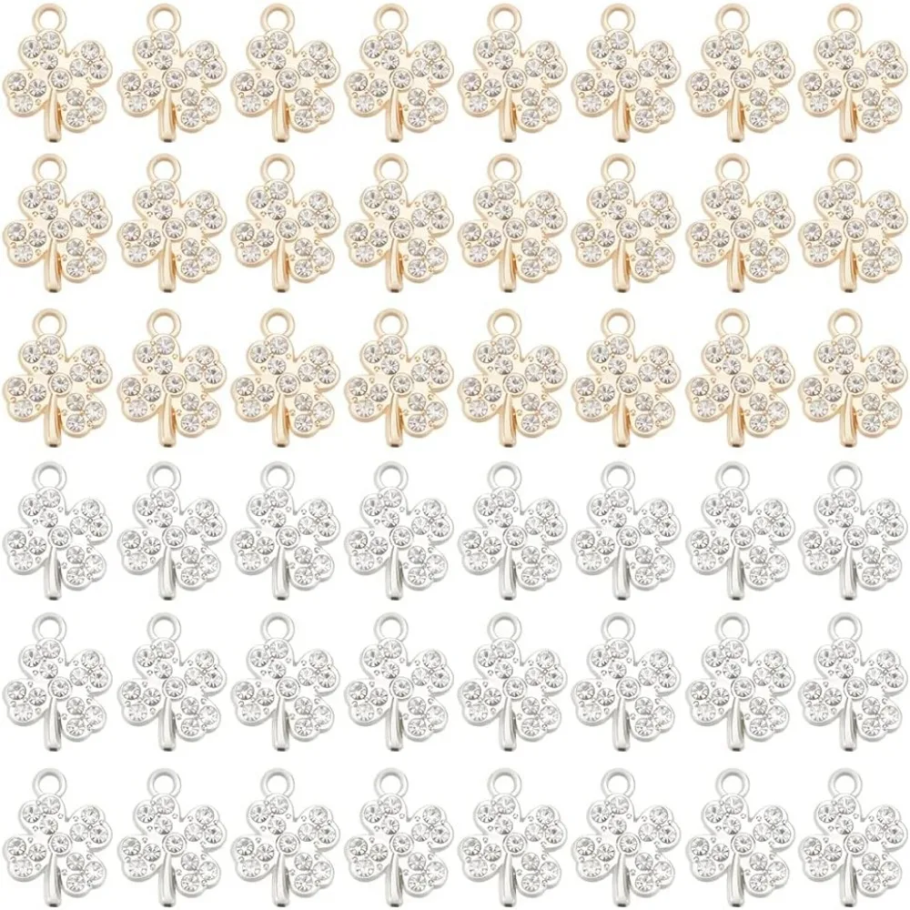 60Pcs 2 Colors Four Leaf Clover Charm Good Luck Charm Shamrock Lucky Charm Crystal Gems Pendant Alloy Pendants Saint