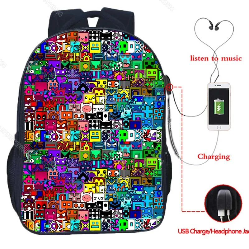 Angry Geometry Dash USB Backpacks for Girls Boys Students Anime Game School Bags Teens Travel Knapsacks Kids Cartoon Bookbags