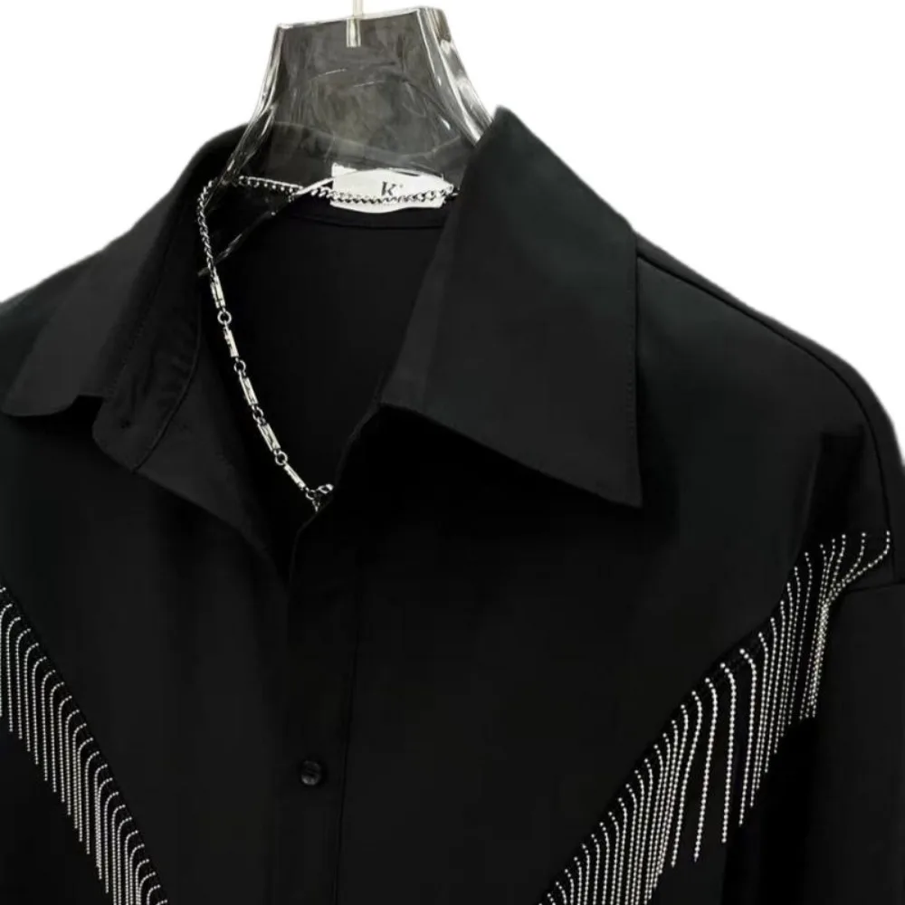 High Street Black Long Sleeved Shirt Tops Men's Spring and Summer New Korean Casual Patchwork Tassel Streetwear Shirt