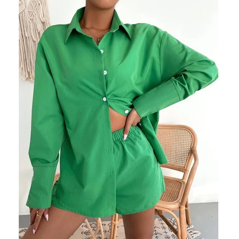 

Casual Buttons Shirt Jacket and Shorts Set Women 2-piece Set Long Sleeve Blouse Green 2023 Two Pieces Suit Female Outfits 26310