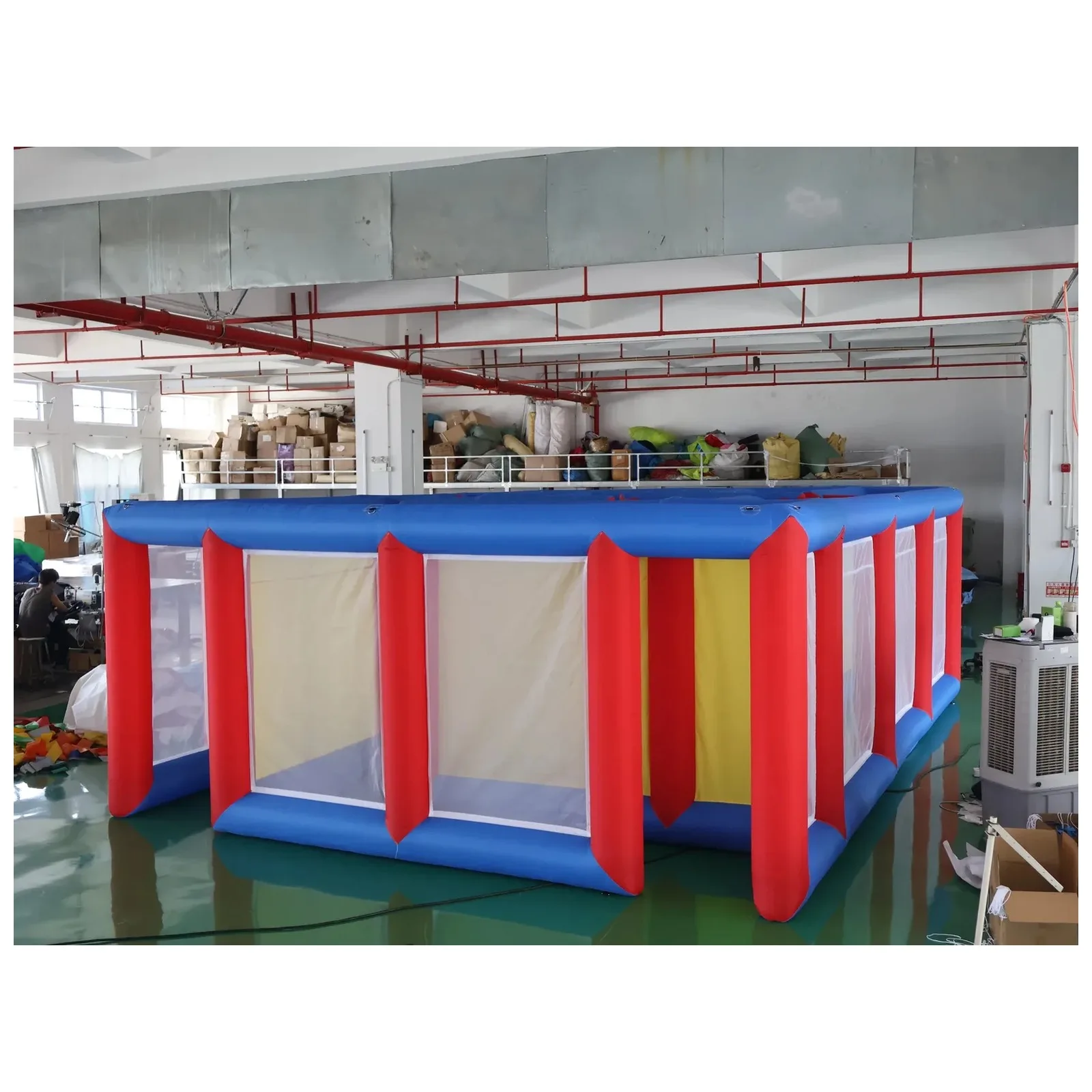 Outdoor Red Blue Yellow Mesh Open Top Inflatable Maze 5X7m 16X23ft with Blower Commercial Rental Party Challenge Kids and Adults