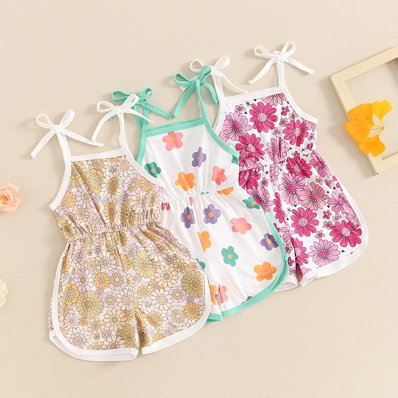 

2024-04-18 Lioraitiin Toddler Baby Girl Summer Jumpsuit Sleeveless Tie Strap Elastic Waist Floral Print Romper Kids Playsuit