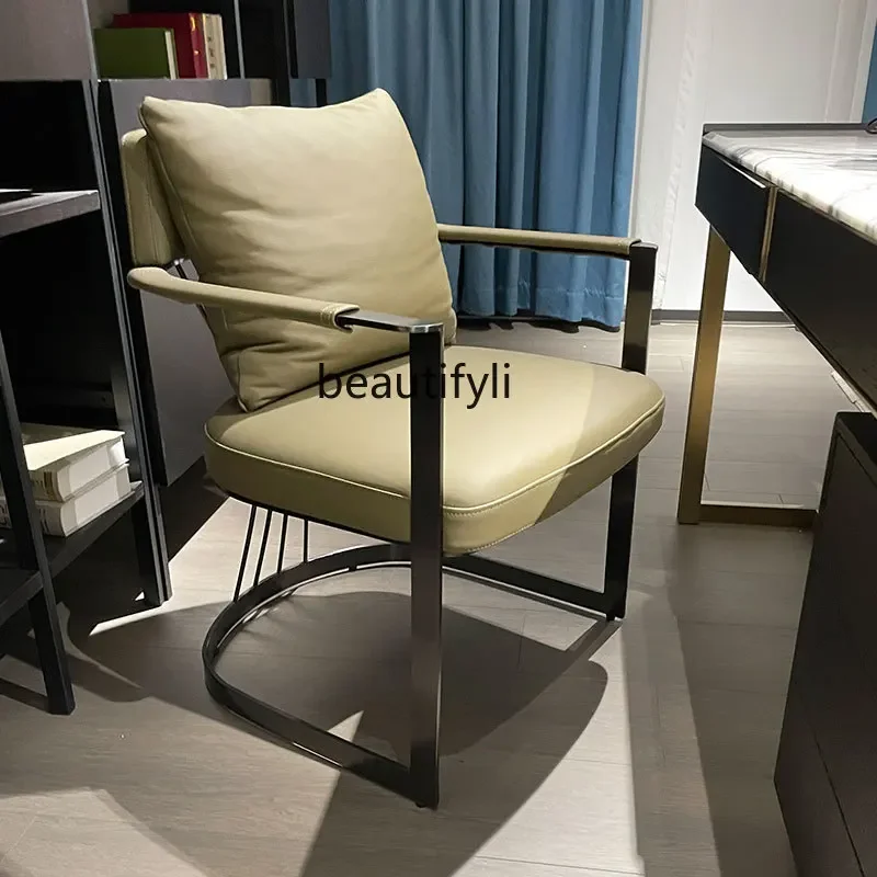 

Стул для учебы, обеденный стул для отдыха, первый слой из воловьей кожи, мягкая подушка, стальной каркас, современный минималистичный офисный стул
