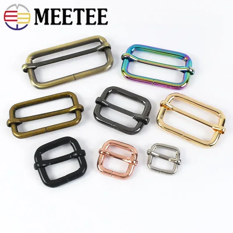 Meetee 5Pcs 13-50mm Metal Pin Buckle Tri-glides Slider Adjuster Clasp Bag Strap Ring Buckles Belt Webbing Hook DIY Accessories