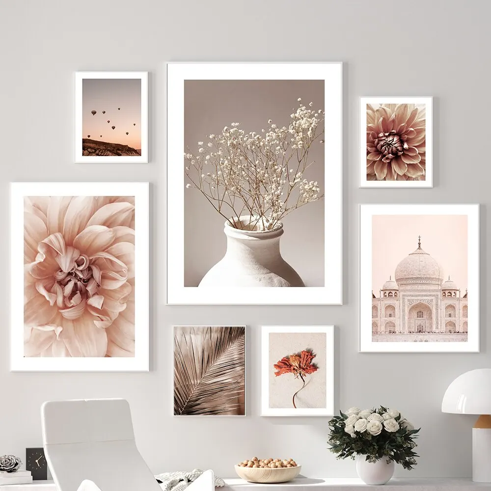 Taj Mahal Poster Print Beige Canvas Art Wall Picture Painting Dahlia Vase Golden Palm Leaf For Living Room Nordic Home Decor