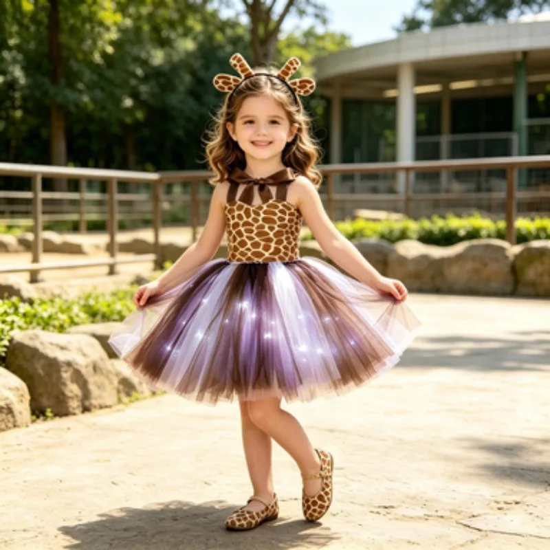 Shiny LED Light-Up Tutu Dress, Sleeveless Kids Princess Long Tulle Dress with Cartoon Giraffe Pattern for  Festive Occasions
