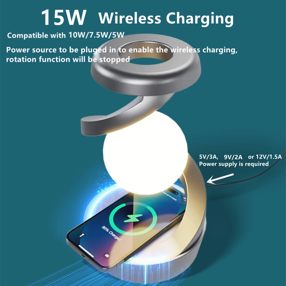 Creative Table Lamp, Rotating Floating lamp, 15W Wireless Charger, Mobile Phone Wireless Charger, Atmosphere Night Light