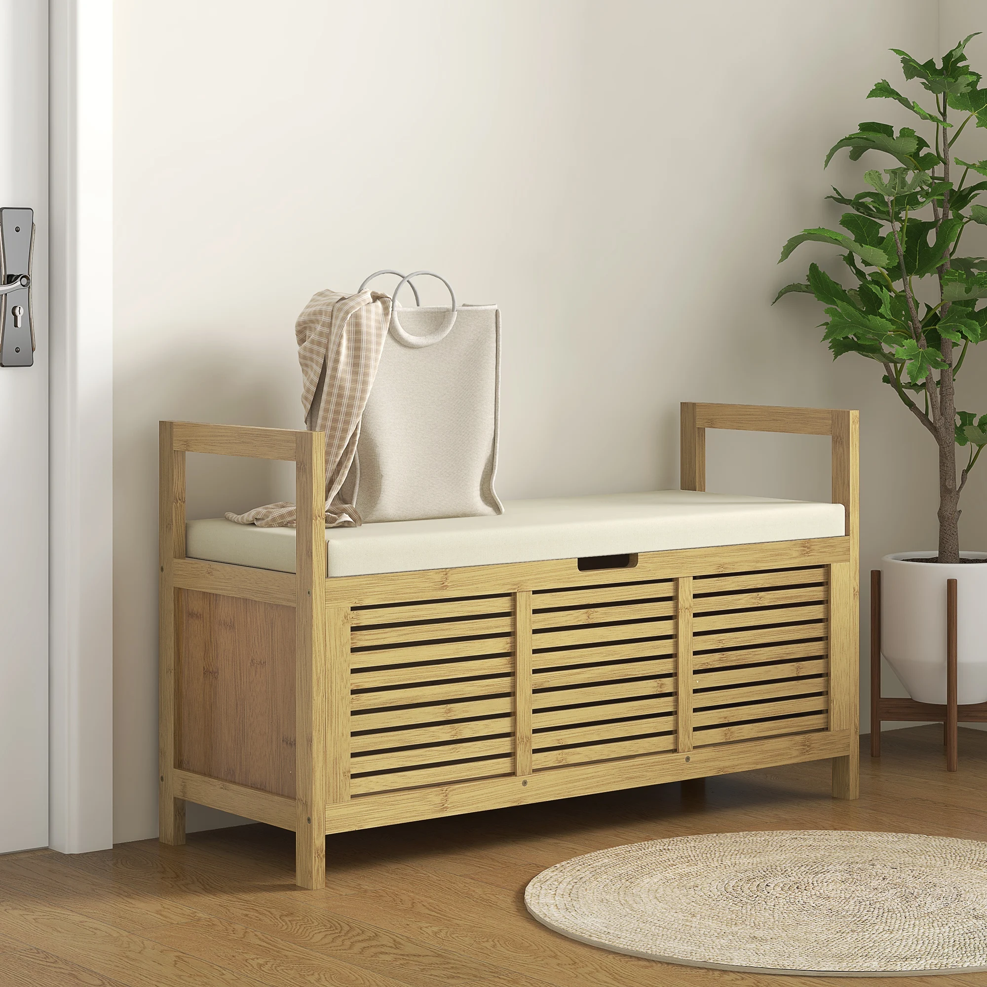 Panca contenitore HOMCOM, panca porta scarpe con cuscino, contenitore nascosto sotto il sedile, braccioli, per camera da letto, soggiorno, ingresso, bambù, 100x40x60 cm, naturale