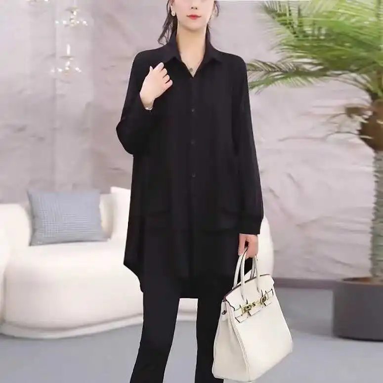 

Casual Faion Long Bla irt Women's Spring Outerwear Loose Slimming Collar Top plus Size Versatile Fem Clothing