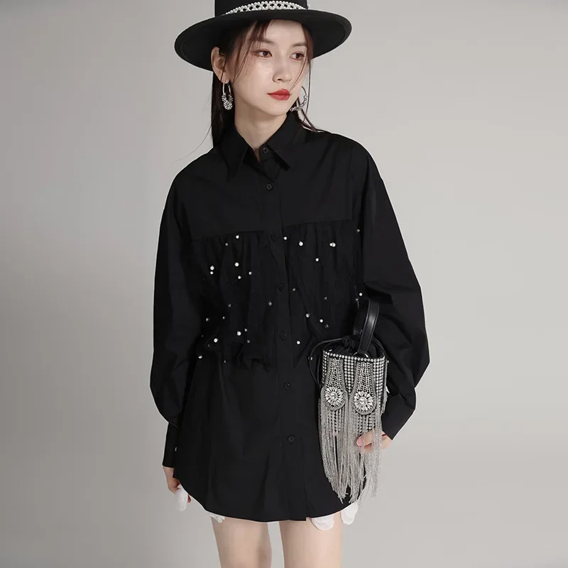 SuperAen Niche Design Heavy Industry Mesh Nail Bead Long Sleeved Shirt 2024 Autumn New Loose Shirt