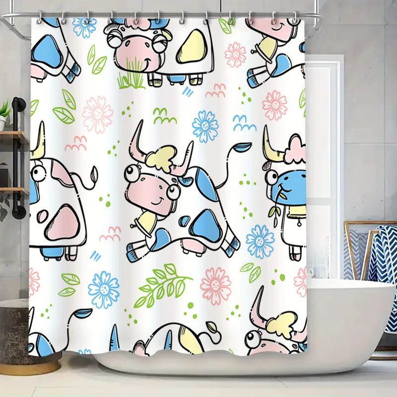 

Набор занавесок для душа с животным узором, милый мультяшный принт коровы, декор для ванной комнаты для детских комнат, розовый, синий, зеленый, желтый, цветы, красочные W