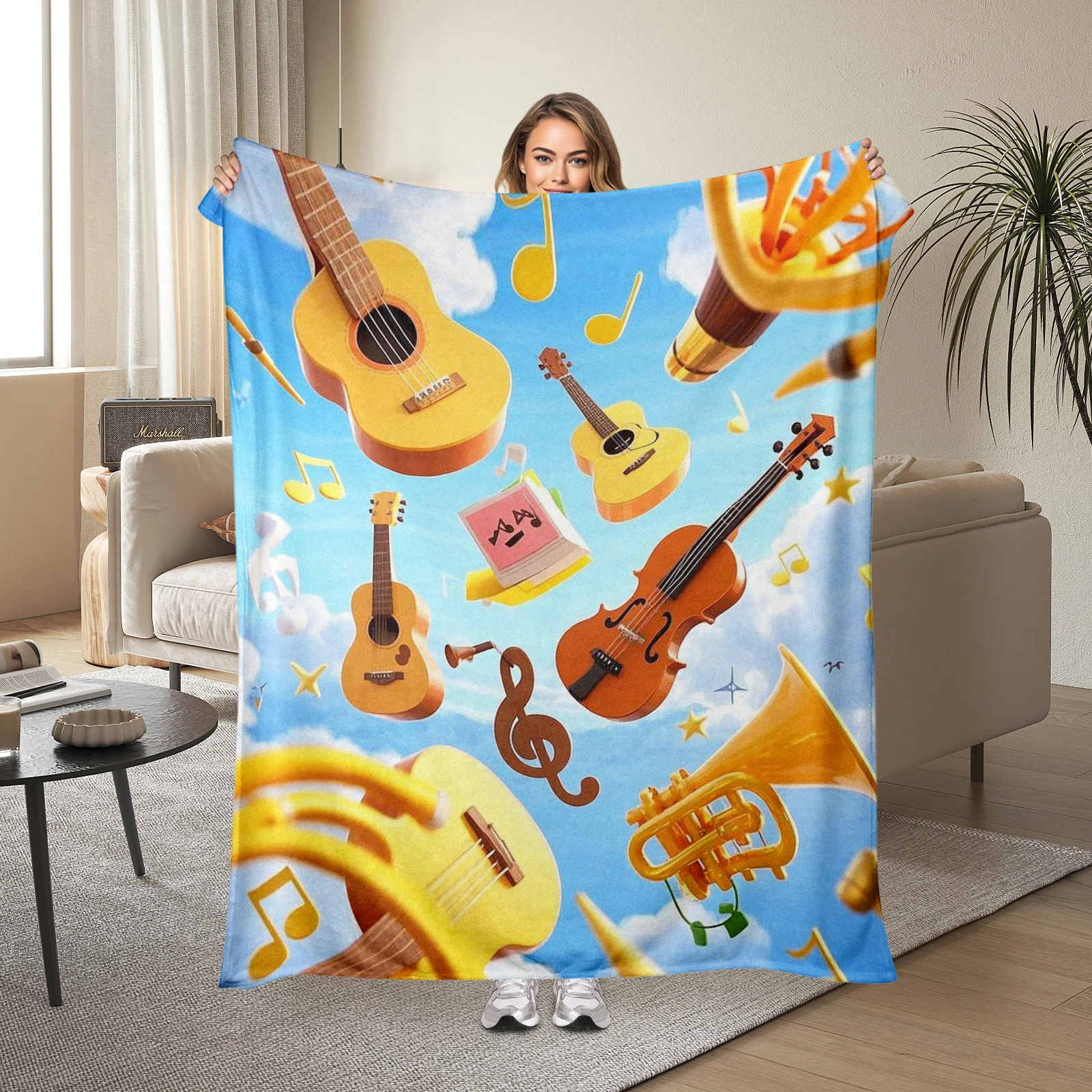 Cartoon Instruments Blanket Featuring Guitar And Cello, Perfect For Family, Friends Or Kids. Add Musical Charm To Your Home.