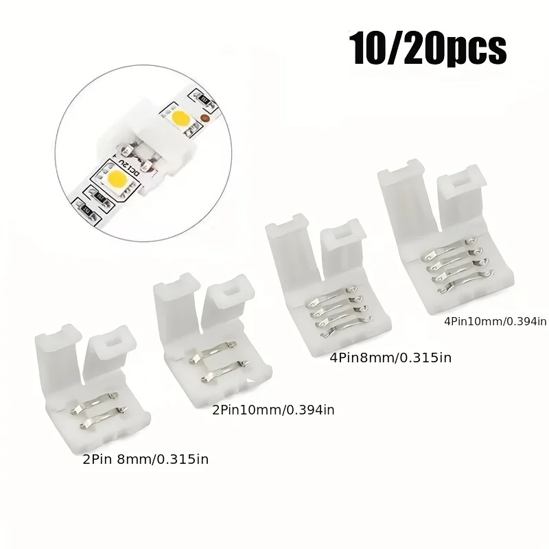 10/20pcs LED Strip Connector 8mm 10mm 2 Pin 4 Pin 3528 5050 RGB Single Color Solderless PCB Board Wire Free Welding Connectors