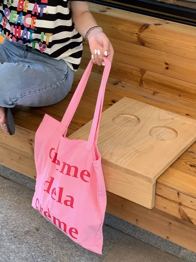 Large Capacity Pink Color Beach Bag Cosmetic Makeup Lipstick Bag Women Shoulder Canvas Handbag Letter Ins Tote Bag