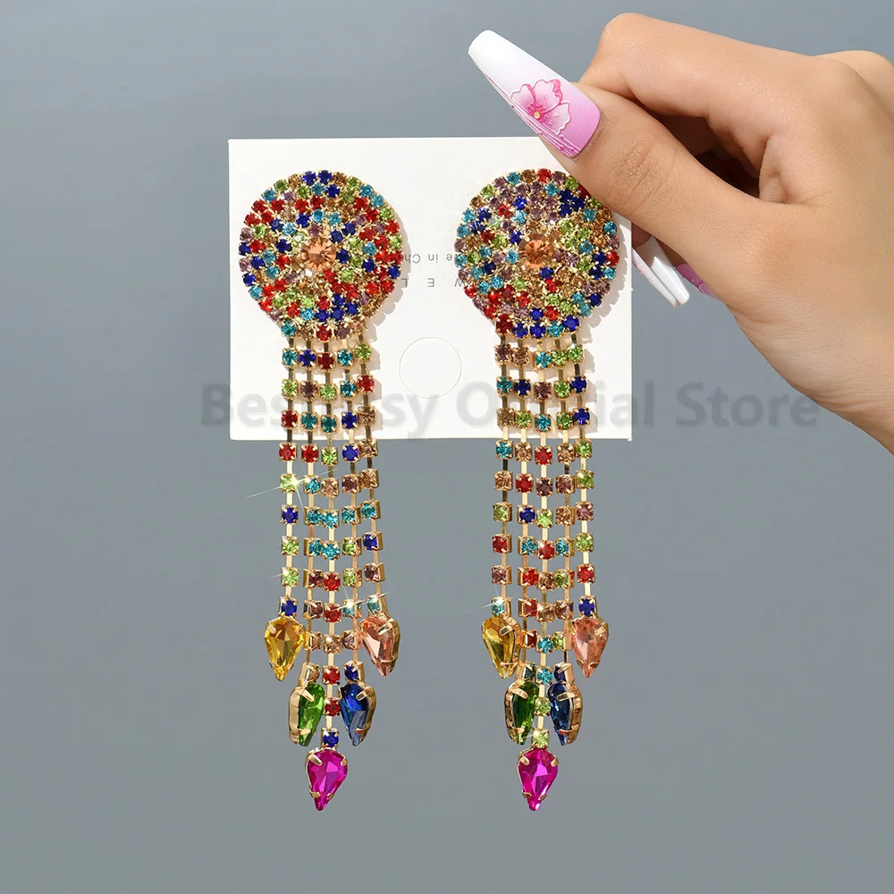 Shiny Rhinestone Tassel Earrings Women Fashion Boho Colorful Long Hanging Jewelry Luxury Evening Party Sexy Gifts Ohrringe Damen