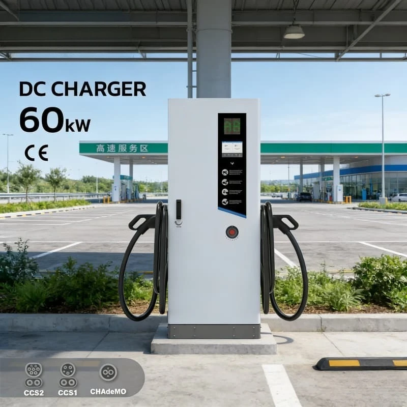 Level 3 EV Charger 60kW DC Fast Charging Station Dual Gun CCS2 Customizable Commercial Floor Mounted LCD Screen RFID IP54