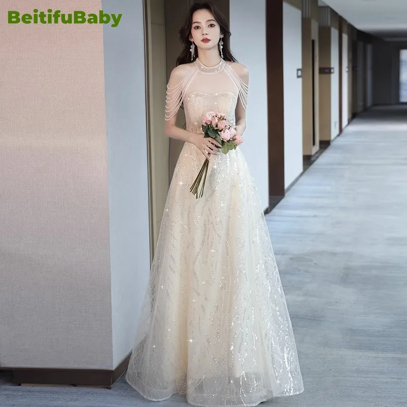 BeitifuBaby Engagement Evening Dress for Women Light Luxury Halter Tassel Banquet Gown Women\'s Wedding Party Dresses Vestidos