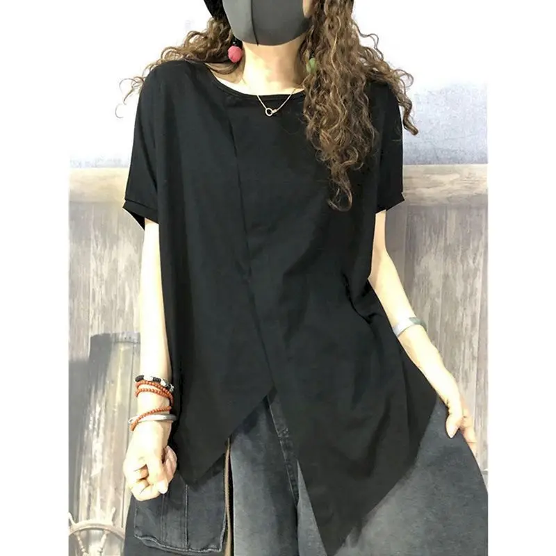 Irregular Split T Shirts Women Fashion Solid Color Art T-shirt Casual Loose Short Sleeve Oversized Tops Summer Trend Thin Tshirt