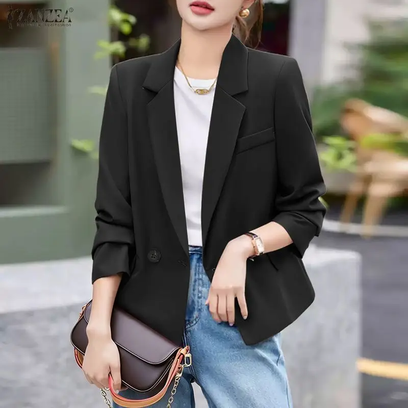 ZANZEA Minimalist Women's Lightweight Blazer 2026 Spring Casual Lapel Neck Long Sleeve Solid Color Formal Suit Jackets for Woman