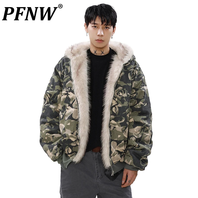 PFNW Camouflage Fur Splicing Hooded Quilted Padded Jacket Men's Tide High Street Winter Short Bomber Cotton-padded Coat CPG2223