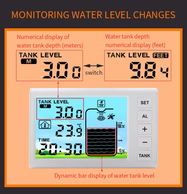 Ultrasonic Level Level Sensor Water Tank Liquid Depth Level Meter Sensor with Temperature Display Automatic Water Addition