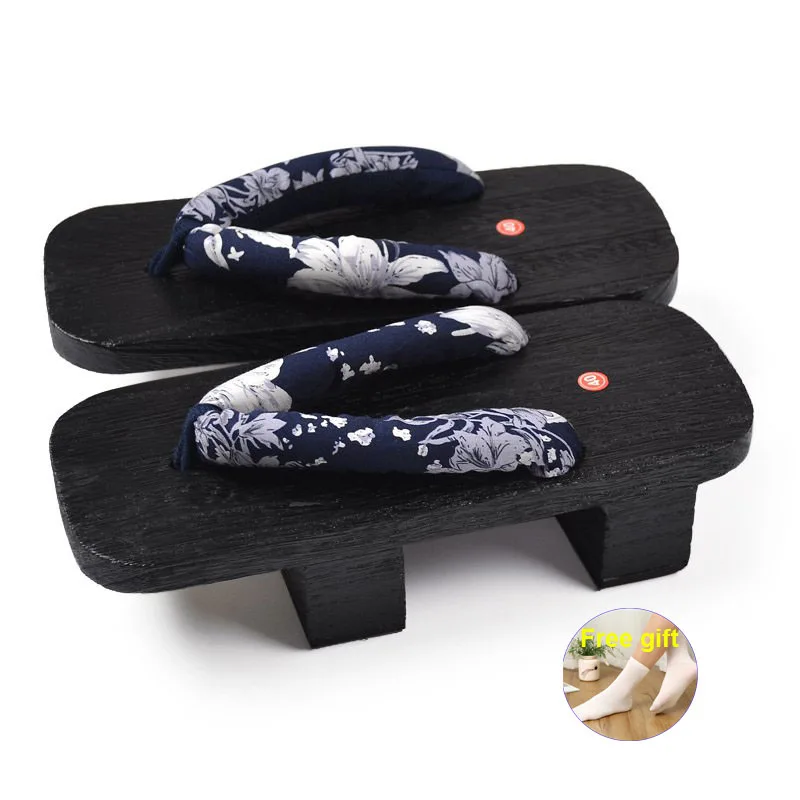 Casual Home Samurai Clogs Drachen Blumendruck Hausschuhe Geta Männer Frauen Schwarze Holzsandalen Cosplay Flip Flop Schuhe mit Socken