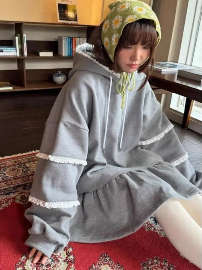 

plus Size Women's Fleece Lined Hooded Patchwork Sweatshirt Short Skirt Loose Dress Casual Autumn Winter Fashion Trendy Dress