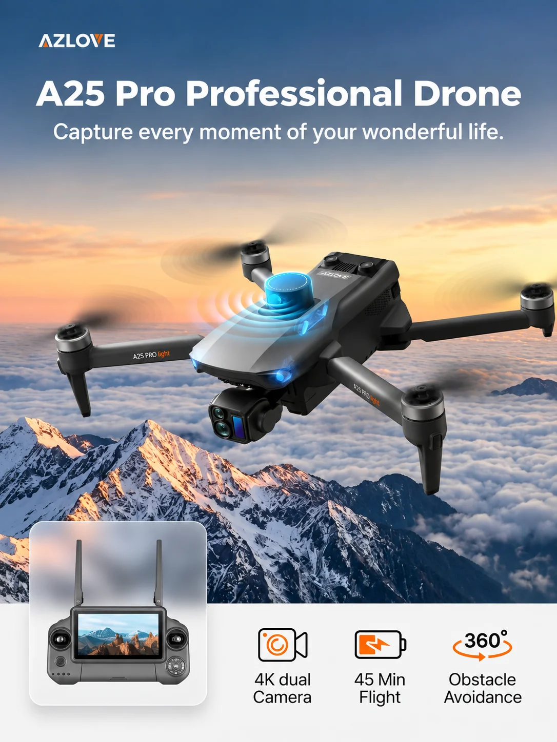 A25 Pro HD 4K Dual Camera,Gimbal,Foldable Drone Obstacle Avoidance,brushless Professional Large Screen RC Security quadcopter