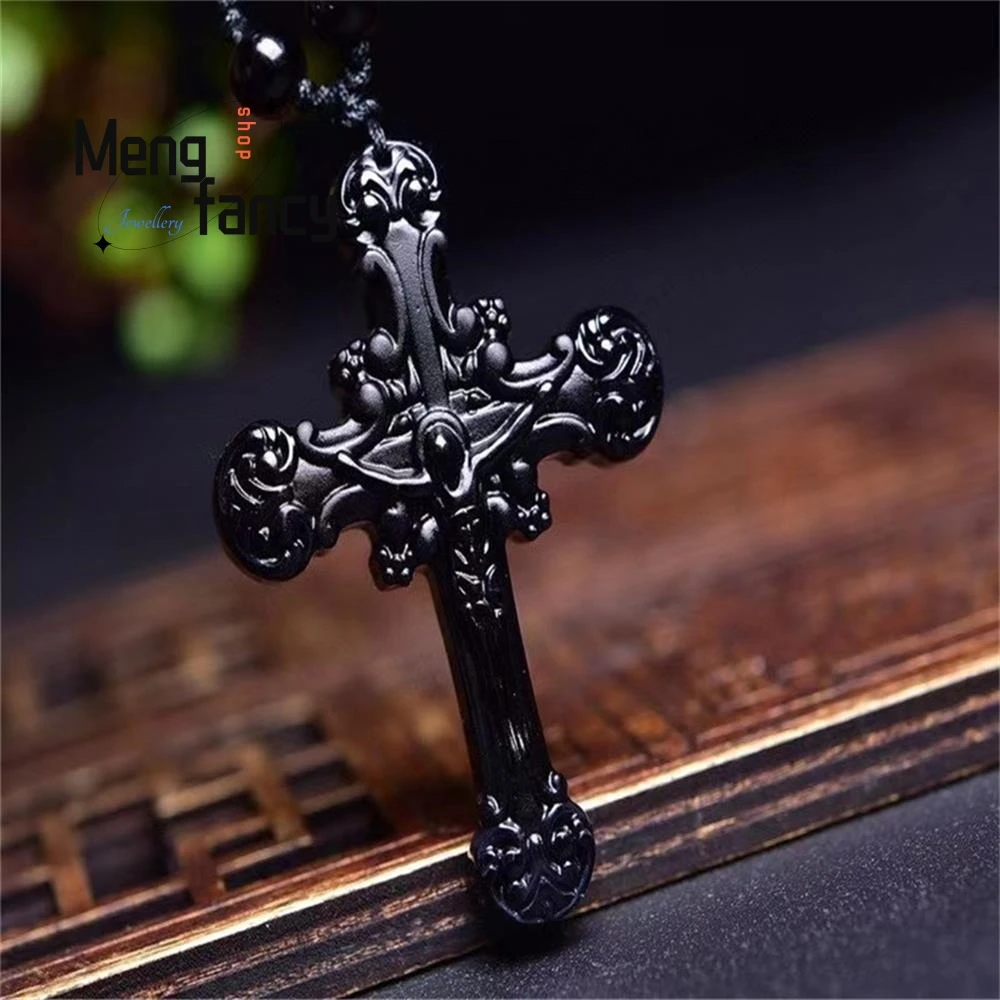 Natural Obsidian Cross Pendant Charms Fashion Fine Jewelry Engraver Customized Amulet Mascots Women Men Necklace Holiday Gifts