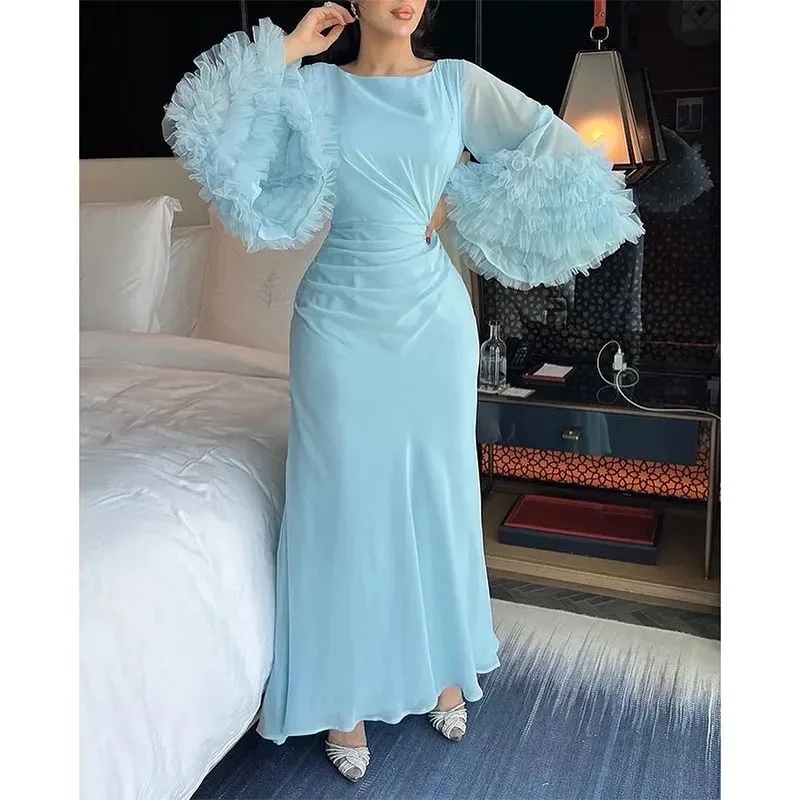 

Elegant O-Neck Prom Dresses Flare Long Sleeves Evening Dress Ruffles Ankle-length Arabia Dresses for Formal Occasions Gowns