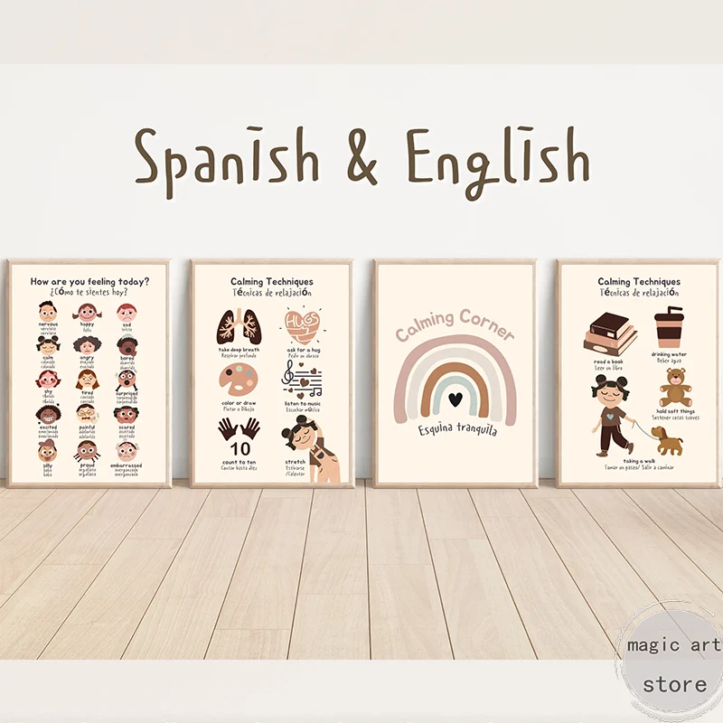 Educational Feelings Art Poster in English Spanish Emotion Calming Corne Classroom Canvas Painting Wall Print Picture Home Decor