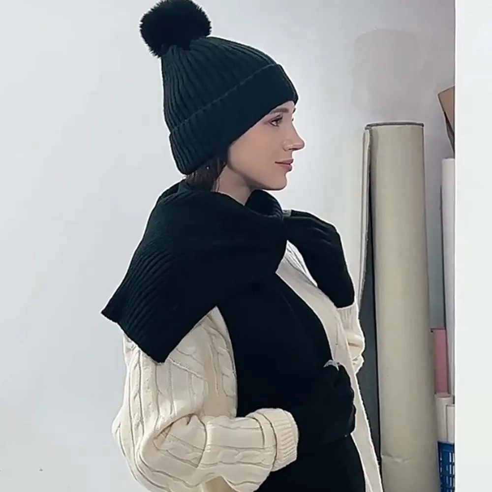 Set Topi Beanie, Syal Elastis, dan Sarung Tangan Hangat, Sarung Tangan Anti Dingin Lembut, Warna Solid, Syal Rajut Layar Sentuh untuk Luar Ruangan