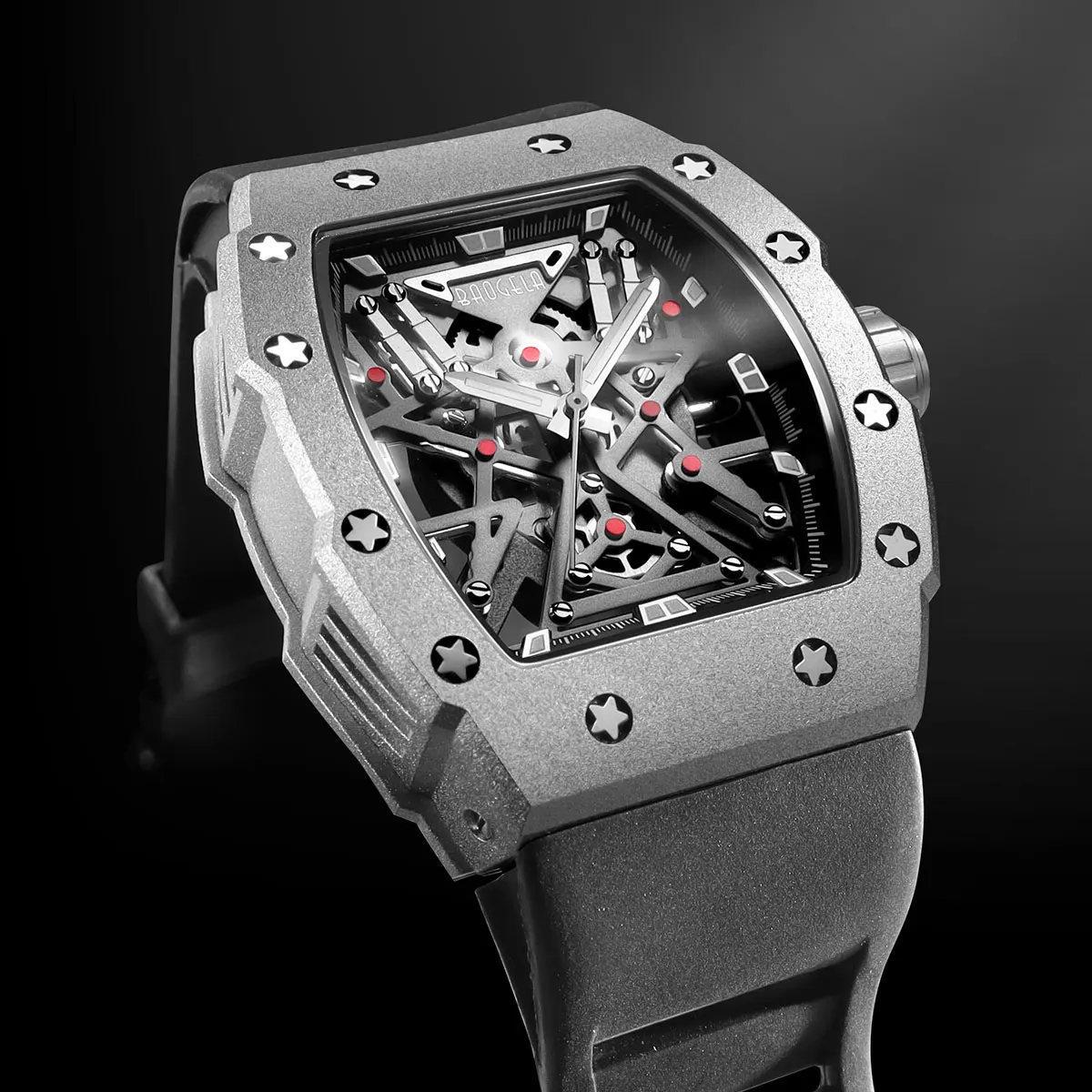 

Casual Fashion Men's Quartz Watch Tonneau Stainless Steel Case Skeleton Dial Luminous Hands Watch Silicone Band Transparent Back