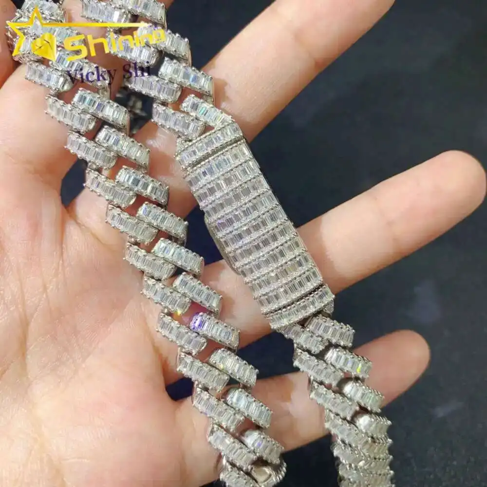 

Сияющее ожерелье в стиле хип-хоп Iced Out Baguette с бриллиантами, мужское ожерелье из стерлингового серебра 925 пробы, 12 мм, Vvs, муассанит, кубинская цепочка